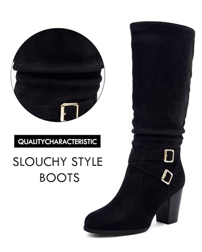 Womens Mid Knee High Boots Chunky Heel Slouchy Metal Buckle Side Zipper Fashion Winter Shoes