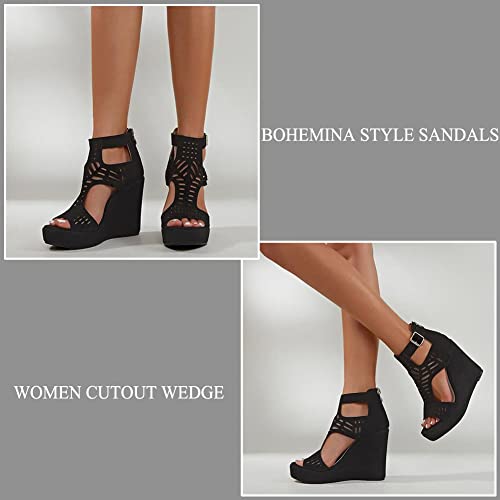 Wedge Sandals for Women Open Toe Cutout Platform Bohemian Sandals High Heel Buckle Ankle Strap Comfy Summer Sandals