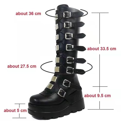 Women Platform Knee High Goth Boots Zip Round Toe Wedge Punk Mid Calf Boots Buckle Chunky High Heel Combat Boots