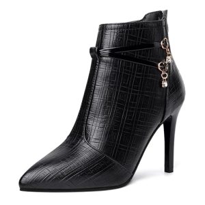 Women'S Leather Pointed Toe Stiletto Ankle Boots Fall Winter Fashion Back Zipper High Heel Dress Booties For Date Party Evening