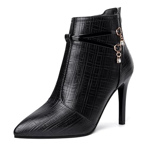 Women'S Leather Pointed Toe Stiletto Ankle Boots Fall Winter Fashion Back Zipper High Heel Dress Booties For Date Party Evening
