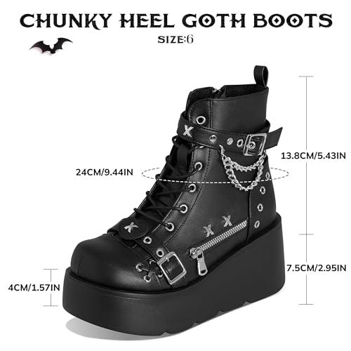 Platform Boots for Women Goth Boots Ankle Boot Side Zip Round Toe Wedge Buckle Combat Rave Boot Chunky High Heels Motorcycle