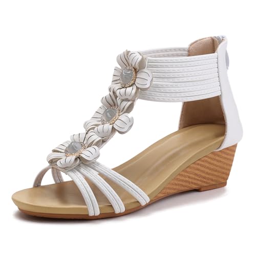 Wedge Sandals for Women Bohemia Flower Open Toe Gladiator Platform Roman High Heel Casual Summer Dressy Beach Womens Sandals