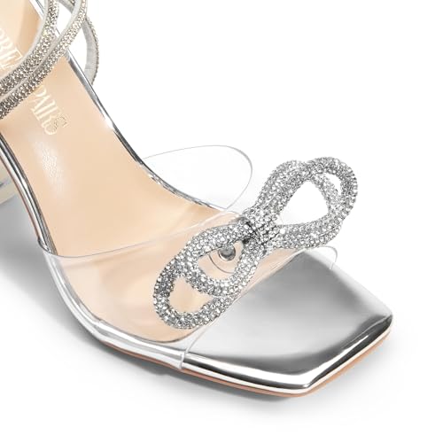 Stiletto Bow Heels for Women Strappy Sparkly Rhinestone Square Toe Clear Crystal High Sandals for Party Wedding
