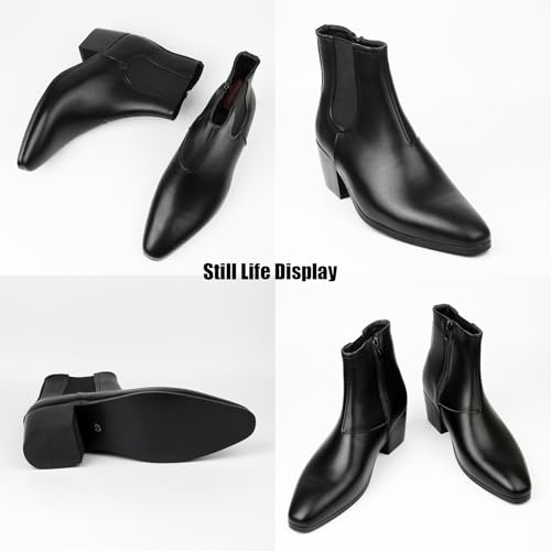 Classic High Heel Heighten Side Zipper Chelsea Boots For Men Leather Fashion Pointed Toe Chunky Block Heel Elastic Mid-Calf Slip