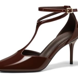Women's Stiletto High Heels T-Strap Round Toe Ankle Buckle Strap Pumps Wedding Dress Shoes
