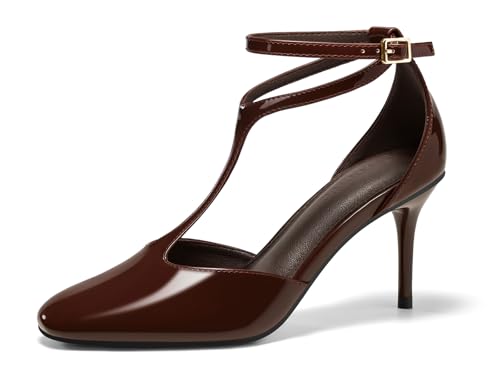 Women's Stiletto High Heels T-Strap Round Toe Ankle Buckle Strap Pumps Wedding Dress Shoes