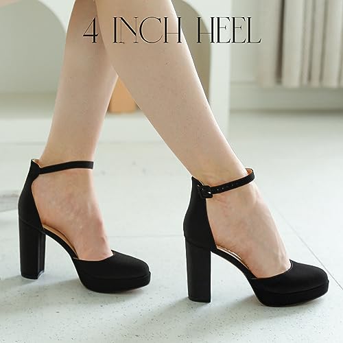 Ankis Black Platform Closed Toe Heels for Women, Womens Heels Closed Round Toe Chunky Block Pumps Shoes, 4 Inch