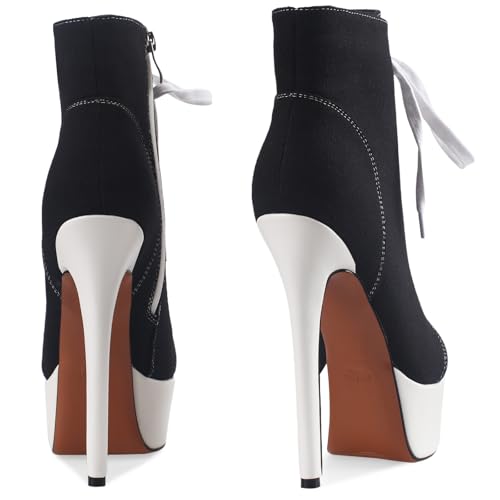Women's Black Platform Ankle Boots Stiletto High Heel Short Boot Lace-Up Canvas Sneaker Booties Closed Round Toe Shoes with Side