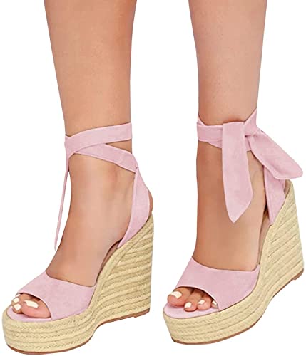 Womens Lace up Espadrilles Platform Wedges Sandals Heels Tie Ankle Strap Summer Dress Shoes