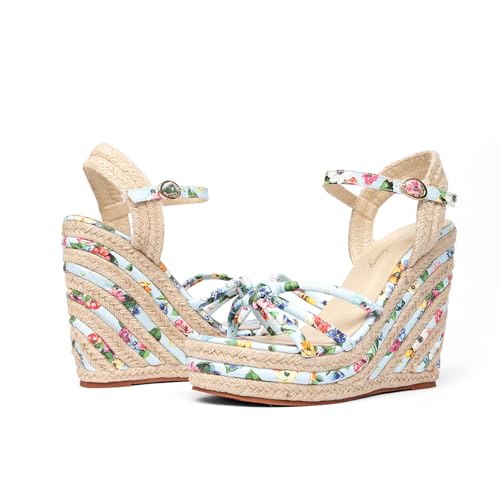 Women's Espadrille Wedge Sandals Flower Pattern Ankle Strap Open Toe Platform High Heel Sandals Dress Shoes
