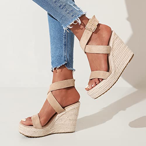 Women's High Heel Platform Espadrille Wedge Sandals Open Toe With Faux Leather Upper Cross Ankle Adjustable Buckle Strap Non