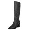 Rhinestone/PU Low Chunky Pointed Toe Knee High Boots for Women with Full Bling Sparkly Crystals Booties for Wedding Party Date