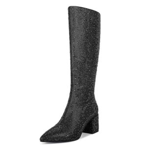 Rhinestone/PU Low Chunky Pointed Toe Knee High Boots for Women with Full Bling Sparkly Crystals Booties for Wedding Party Date