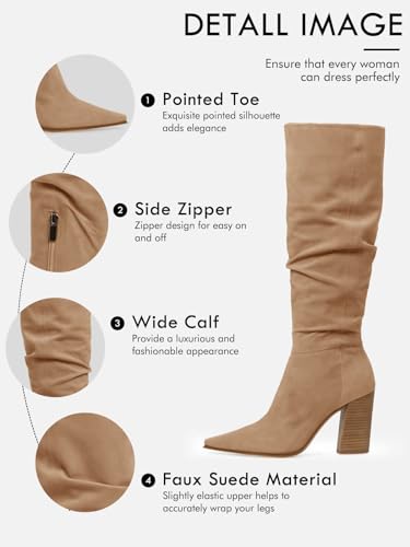 Womens Faux Suede Knee High Boots Pointed Toe High Chunky Heel Side Zipper Party Dress Booties