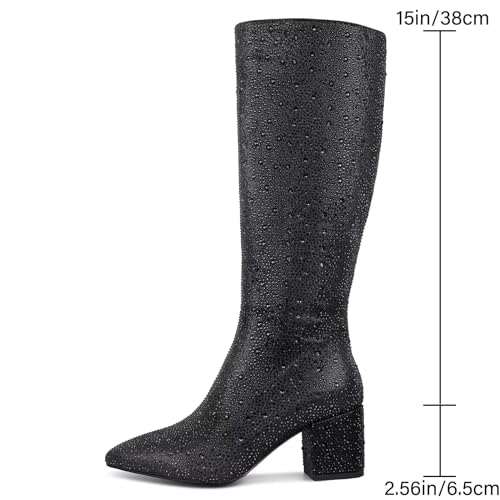 Rhinestone/PU Low Chunky Pointed Toe Knee High Boots for Women with Full Bling Sparkly Crystals Booties for Wedding Party Date