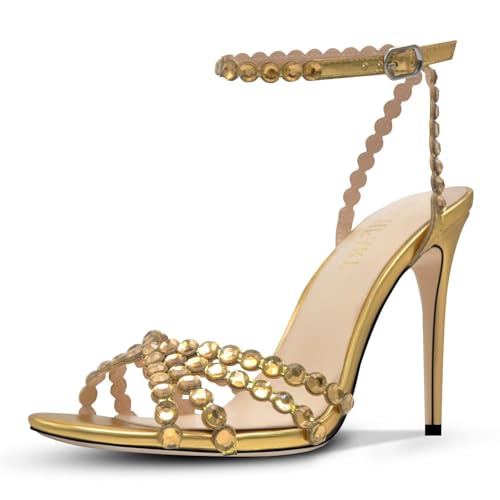 Rhinestone High Heels Stiletos Heels for Women Strappy Buckle Heels Round Toe Sexy Dressy Pumps Sandals