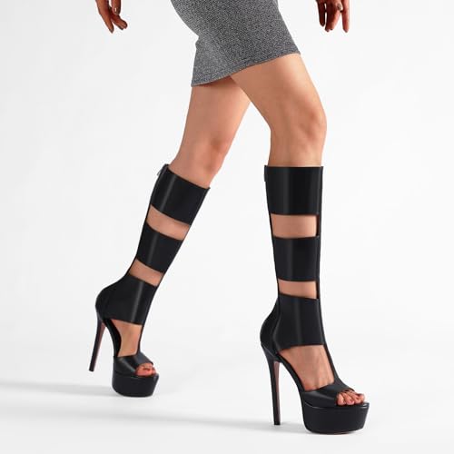 Platform Knee High Sandals for Women, Gladiator Open Toe Summer Boots Black Heels Sandal Booties, Sexy Style for Party, Black
