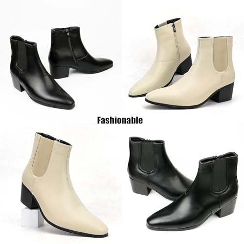 Classic High Heel Heighten Side Zipper Chelsea Boots For Men Leather Fashion Pointed Toe Chunky Block Heel Elastic Mid-Calf Slip