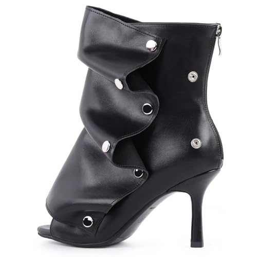 Open Toe Ankle Boots, Black Stiletto High Heels Slouchy Summer Boots Fold Over Slouch Shark Peep Toe Booties for Office Party,