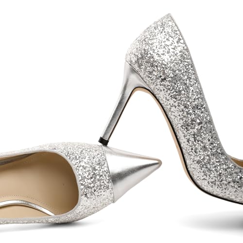 SAMMITOP Women Beaded Pumps Closed Pointed Toe High Heel Slip On Stilettos 3.5 Inch Sexy Heeled Dress Shoes Patent Leather