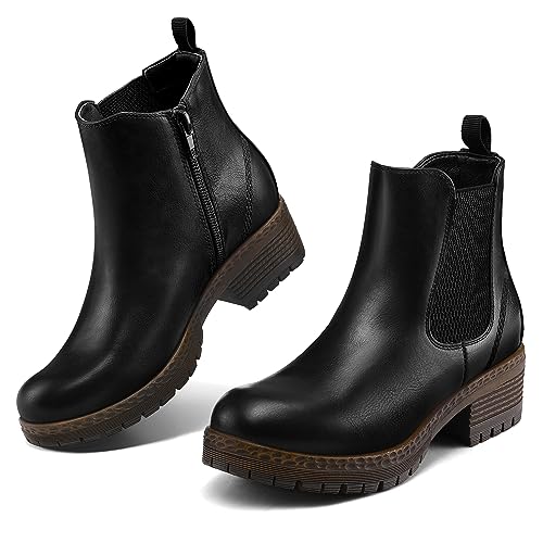 Women's Chelsea Ankle Boots Side Zipper Chunky Block Low Heel Booties Lug Sole Short Boots