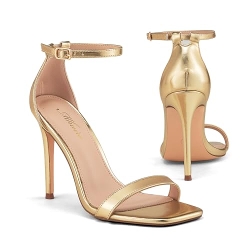 Stylish 4 IN Square Open Toe Ankle Strap Stiletto Heels for Women Plain Trendy Strappy Heeled Sandals