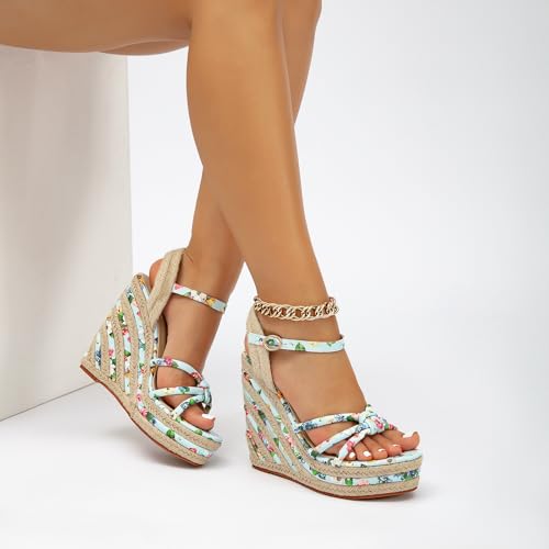 Women's Espadrille Wedge Sandals Flower Pattern Ankle Strap Open Toe Platform High Heel Sandals Dress Shoes