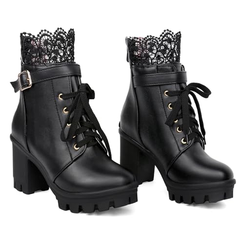 Women's Chunky Platform High Heel Boots Lace Up Gothic Ankle Booties Block Heel Buckle Punk Shoes