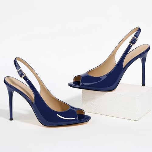 Peep Toe High Heels for Women Slingback V Peep Toe Women's Pumps Patent Leather Stiletto Heels Sling Back Thin Heels Bride Party