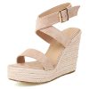 Women's High Heel Platform Espadrille Wedge Sandals Open Toe With Faux Leather Upper Cross Ankle Adjustable Buckle Strap Non