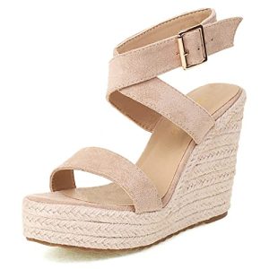 Women's High Heel Platform Espadrille Wedge Sandals Open Toe With Faux Leather Upper Cross Ankle Adjustable Buckle Strap Non