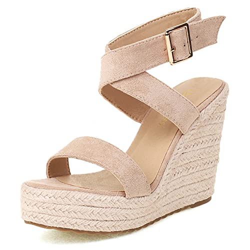 Women's High Heel Platform Espadrille Wedge Sandals Open Toe With Faux Leather Upper Cross Ankle Adjustable Buckle Strap Non