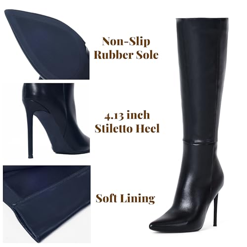 4 inch Women's Knee High Long Boots, Stiletto Tall Pointed Toe Heeled Boot Leather Suede Comfortable Sexy