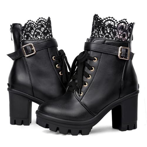 Women's Chunky Platform High Heel Boots Lace Up Gothic Ankle Booties Block Heel Buckle Punk Shoes