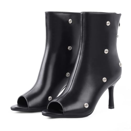 Open Toe Ankle Boots, Black Stiletto High Heels Slouchy Summer Boots Fold Over Slouch Shark Peep Toe Booties for Office Party,