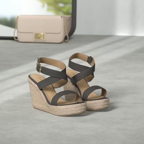 Women's High Heel Platform Espadrille Wedge Sandals Open Toe With Faux Leather Upper Cross Ankle Adjustable Buckle Strap Non