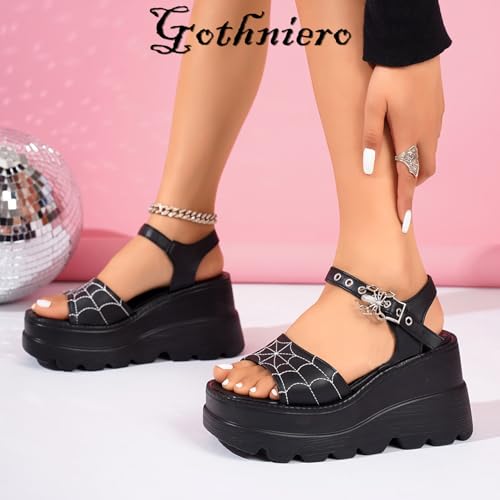 women black platform sandals goth chunky wedge heel summer sandals girls gothic punk platform sandals for women metallic spider