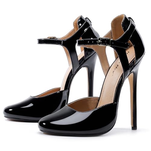Unisex Men's Women's Round Toe High Heels Stiletto Patent Leather Heels Ankle Strap Pumps Dress Party Shoes