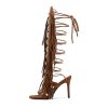 Gladiator Heels Knee High Sandals for Women Fringe Strappy High Heels Open Toe Tassels Lace up Boots Dressy Summer Shoes