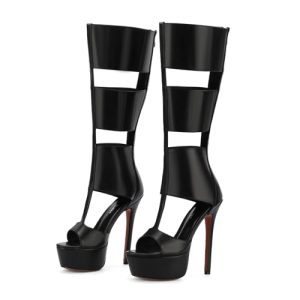 Platform Knee High Sandals for Women, Gladiator Open Toe Summer Boots Black Heels Sandal Booties, Sexy Style for Party, Black