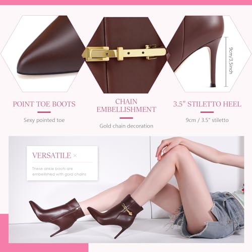 Ankle Boots for Women Pointed Toe Stiletto High Heel Sexy Ankle Booties with Chain Side Zipper for Party Date Dress