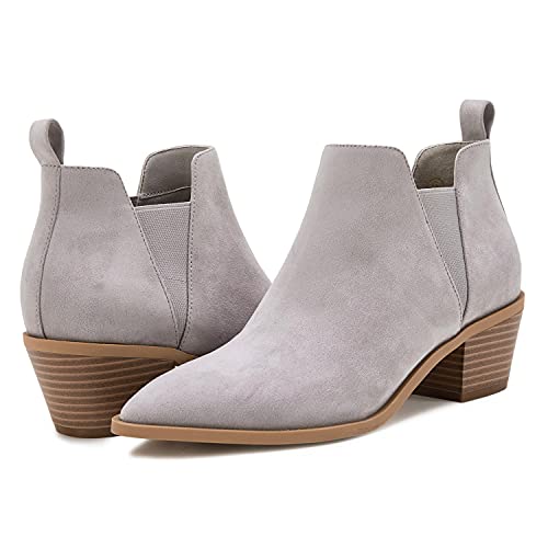 Womens Ankle Boots Pointed Toe Stacked Chunky Heel Slip on Chelsea Short Booties