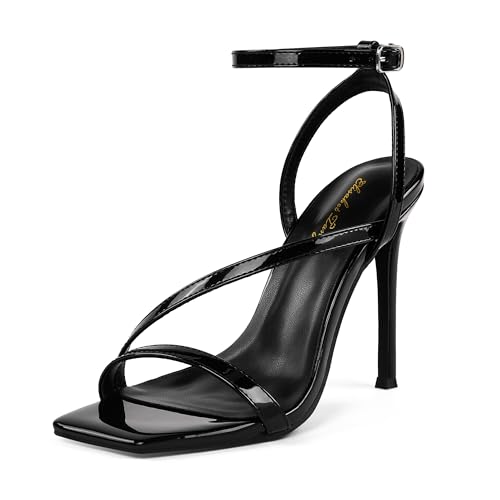 Women’s Crystal Stilettos Heeled Sandals, 4 Inch Square Open Toe Strappy Sexy High Heels Ankle Strap Buckle Heels for Party