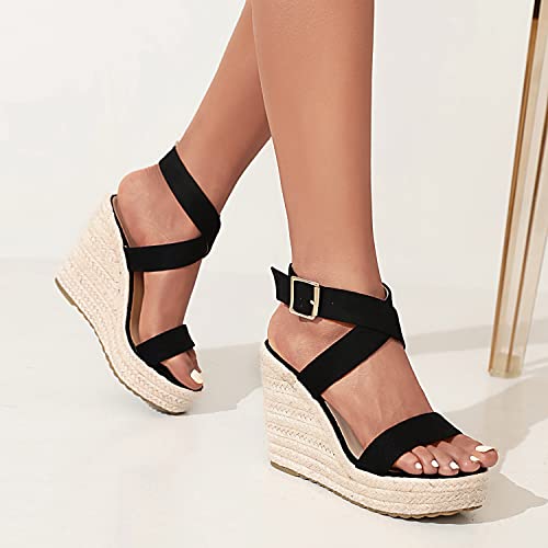 Women's High Heel Platform Espadrille Wedge Sandals Open Toe With Faux Leather Upper Cross Ankle Adjustable Buckle Strap Non