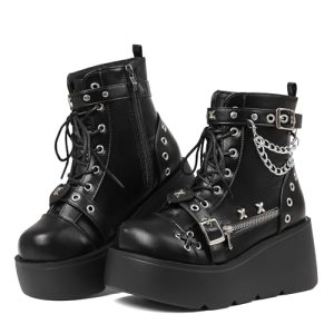 Platform Boots for Women Goth Boots Ankle Boot Side Zip Round Toe Wedge Buckle Combat Rave Boot Chunky High Heels Motorcycle