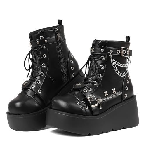 Platform Boots for Women Goth Boots Ankle Boot Side Zip Round Toe Wedge Buckle Combat Rave Boot Chunky High Heels Motorcycle