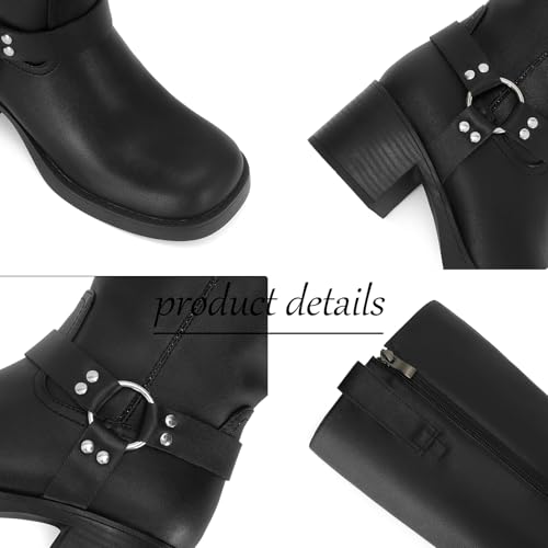 Women's Knee High Riding Boots Round Toe Block Heel Fashion Motorcycle Booties Side Zipper Wide Calf Biker Riding Boots with