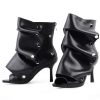 Open Toe Ankle Boots, Black Stiletto High Heels Slouchy Summer Boots Fold Over Slouch Shark Peep Toe Booties for Office Party,