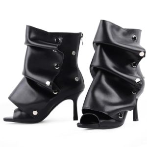 Open Toe Ankle Boots, Black Stiletto High Heels Slouchy Summer Boots Fold Over Slouch Shark Peep Toe Booties for Office Party,